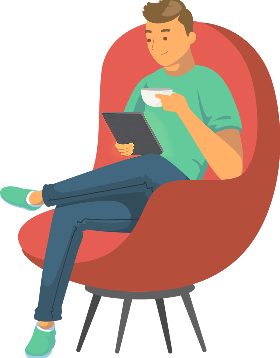 manTabletChair young man sitting in a red chair reading on a tablet